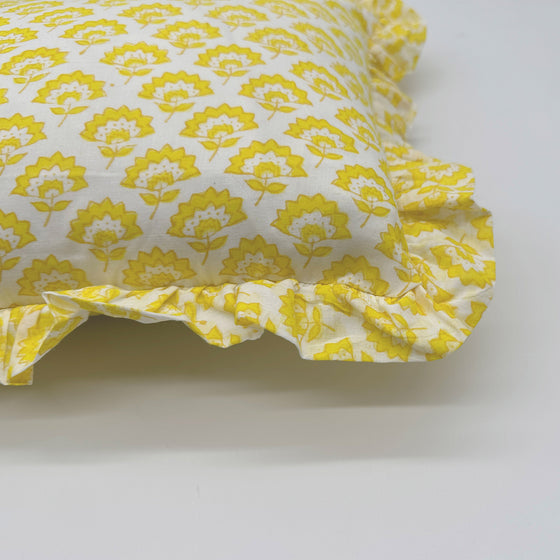 Hand block frilled cotton cushion - Jennie in Yellow