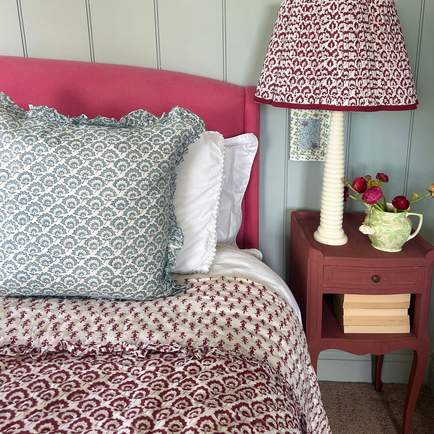 Large hand block Cotton Cushion in Jennie Pale Blue