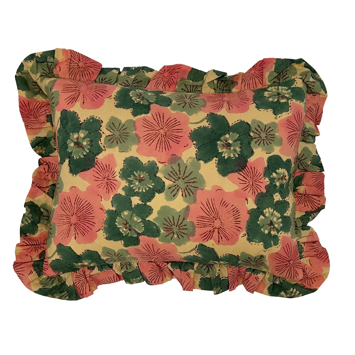 Hand block frilled cotton cushion - Margot