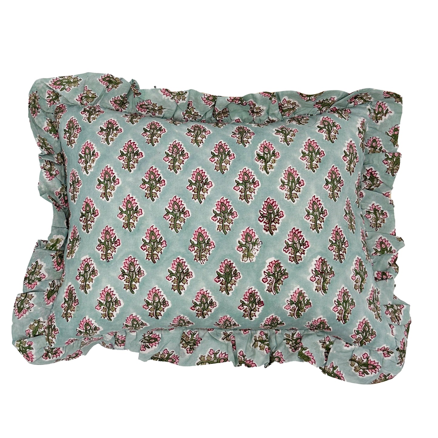 Hand block frilled cotton cushion - Milly