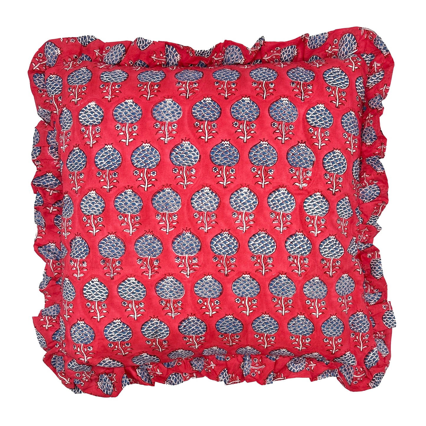 Large hand block frilled cotton cushion - Nancy in Red