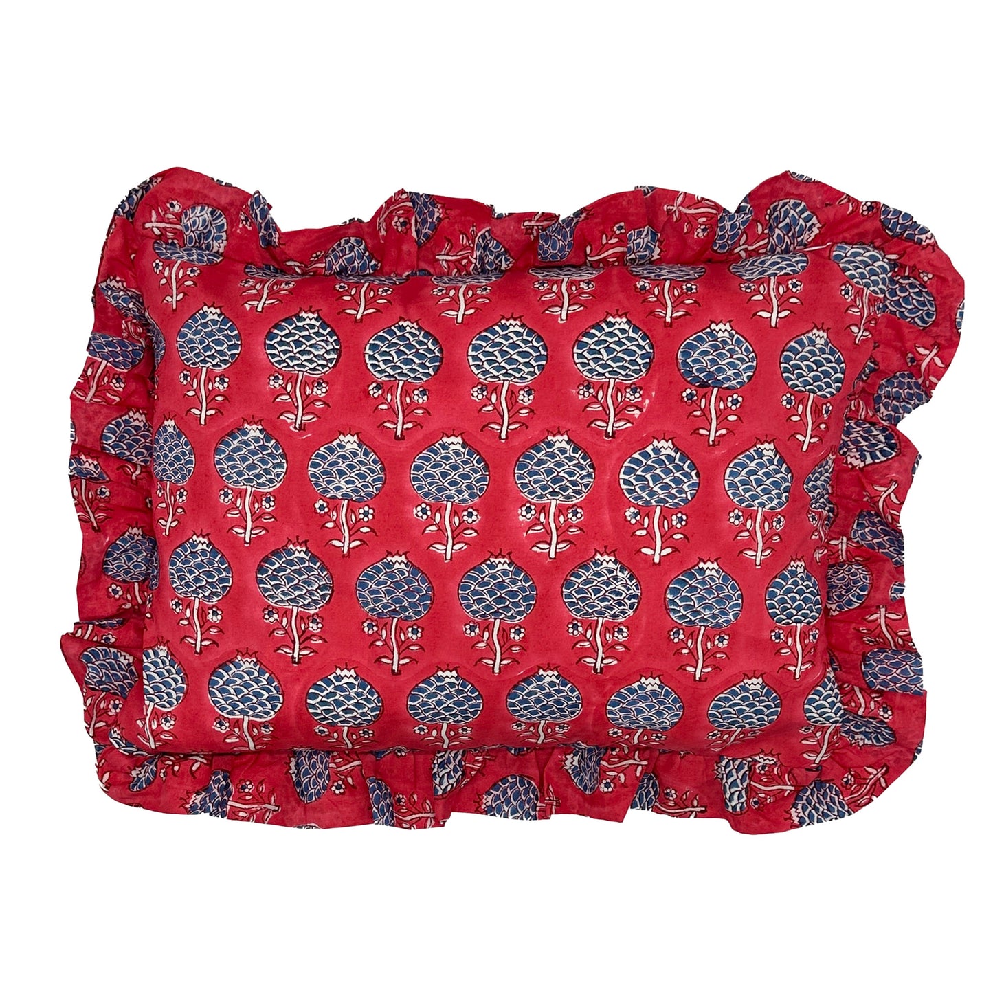 Hand block frilled cotton cushion - Nancy in Red