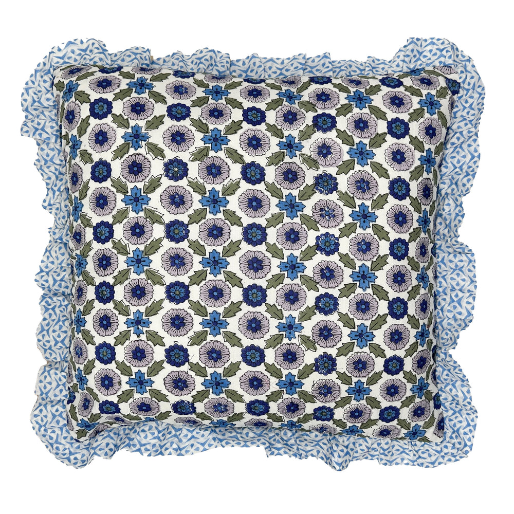 
                  
                    Large hand block frilled cotton cushion - Poppy in Blue
                  
                