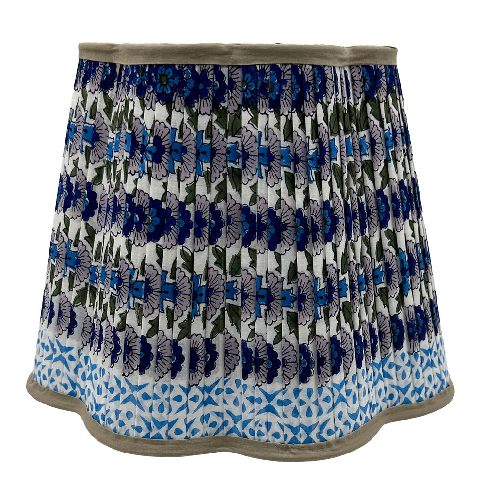 Poppy Pleated Cotton Block Printed Scallop Lampshade in Blue