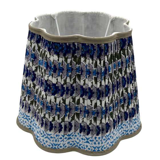 Poppy Pleated Cotton Block Printed Scallop Lampshade in Blue