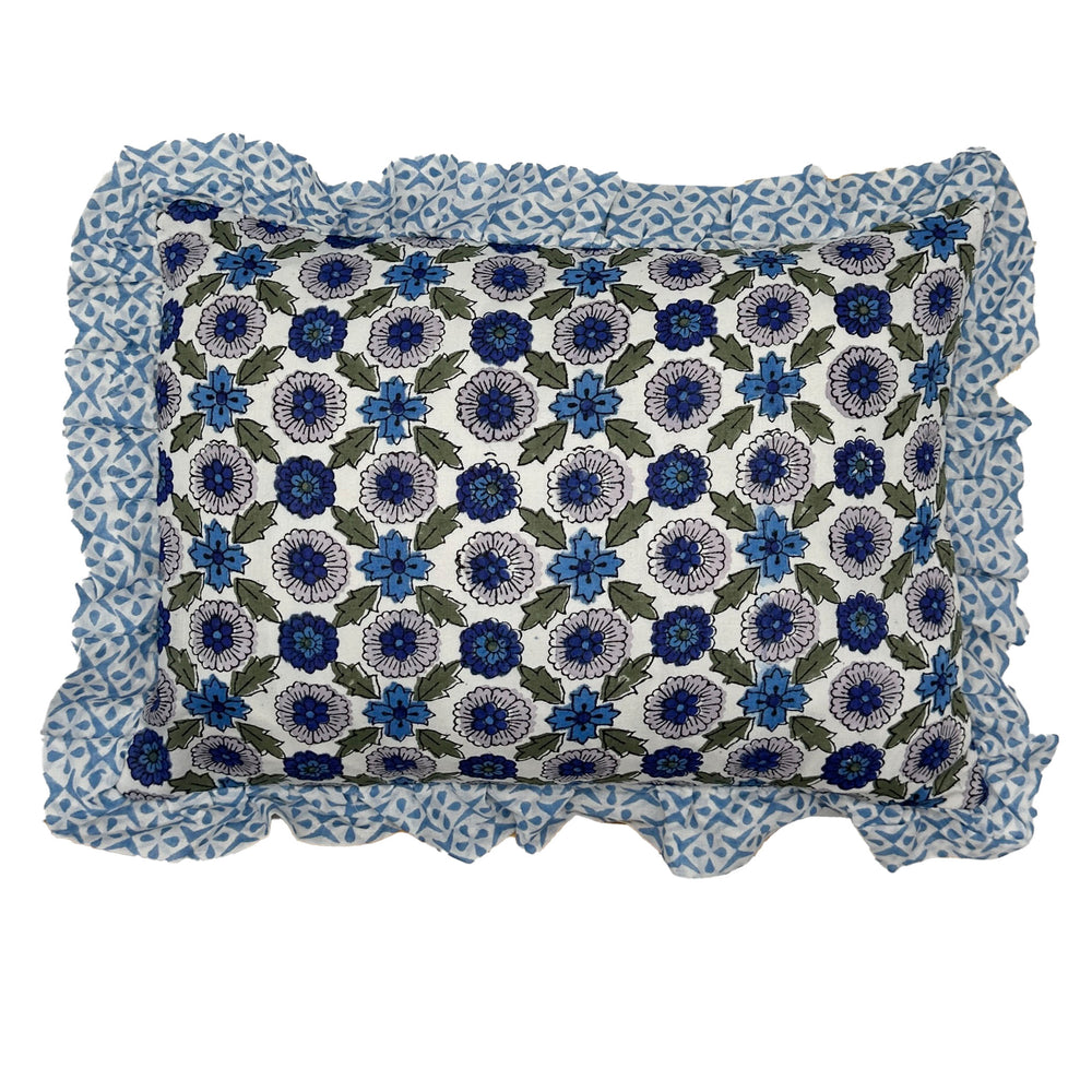 Hand block frilled cotton cushion - Poppy in Blue