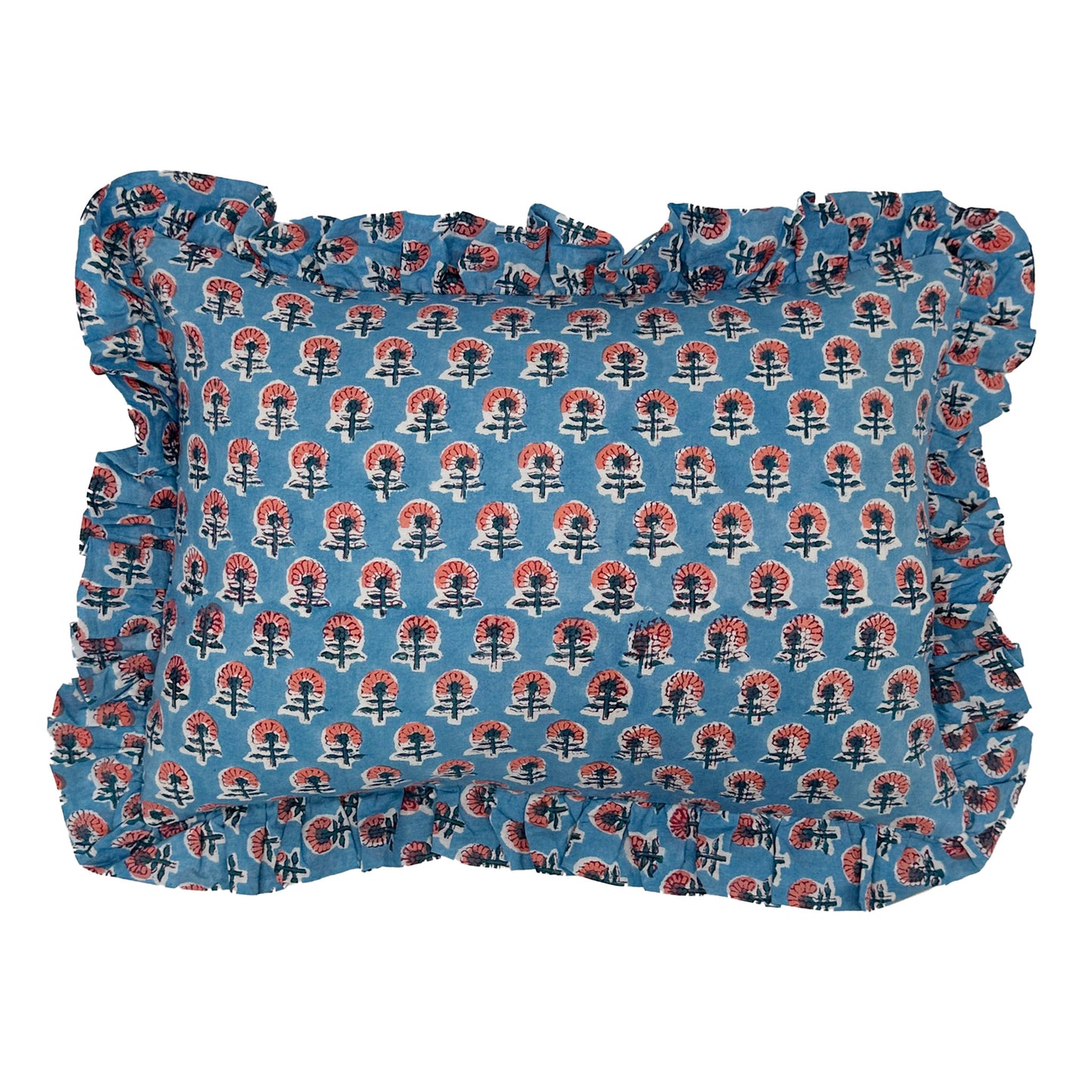 Hand block frilled cotton cushion - Susie