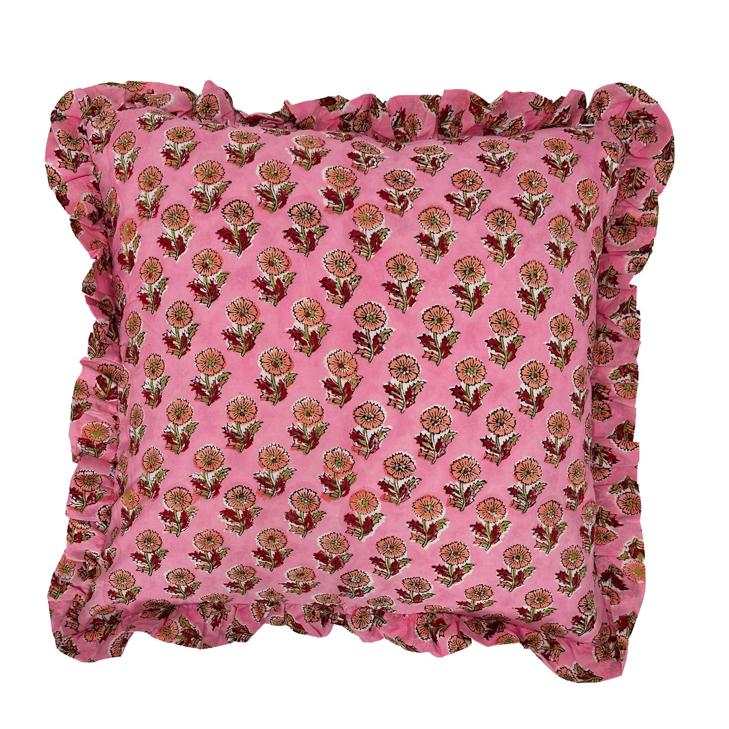 Large hand block frilled cotton cushion - Tess