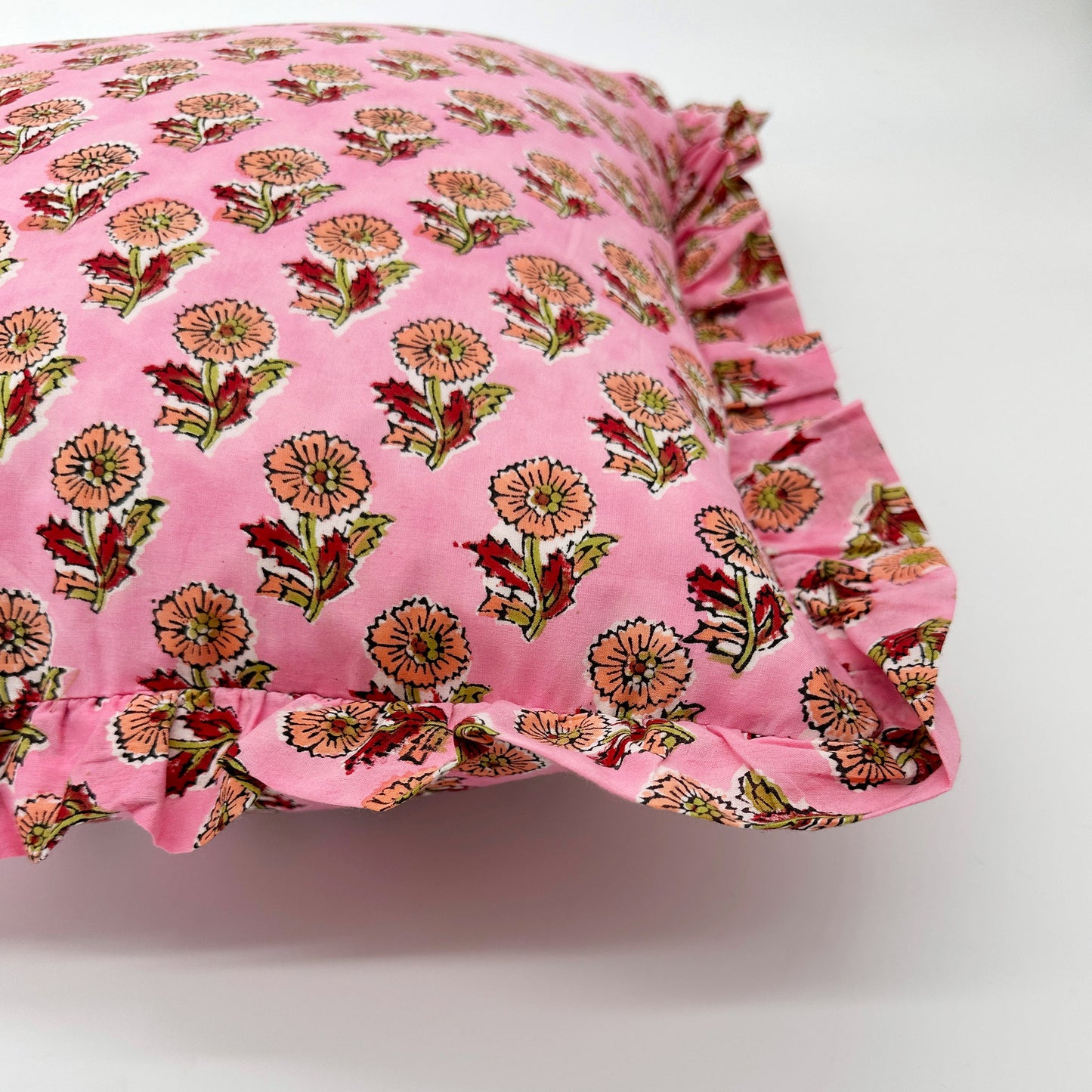 Large hand block frilled cotton cushion - Tess