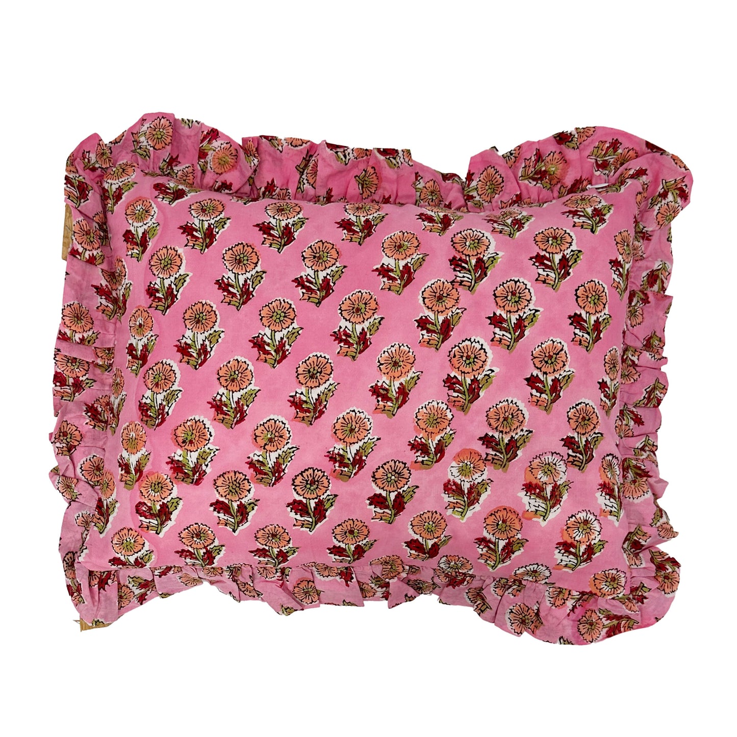 Hand block frilled cotton cushion - Tess