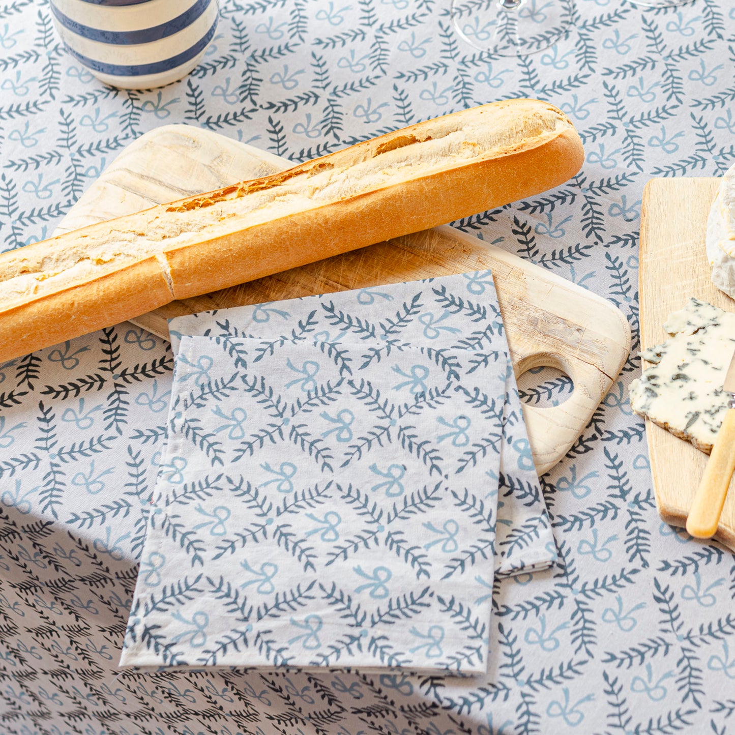 Bow Peep block printed Napkins (4) - Pale and Navy Blue