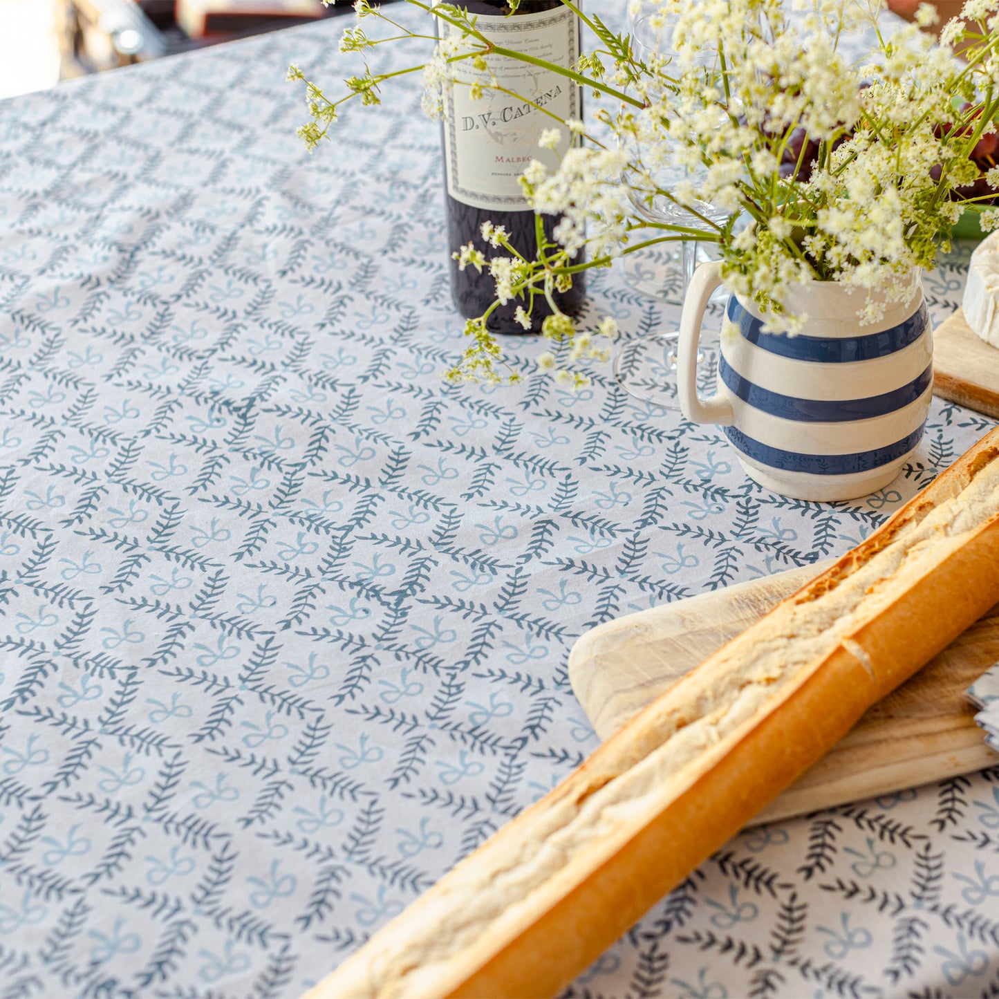 Bow Peep block printed table cloth - Pale and Navy Blue