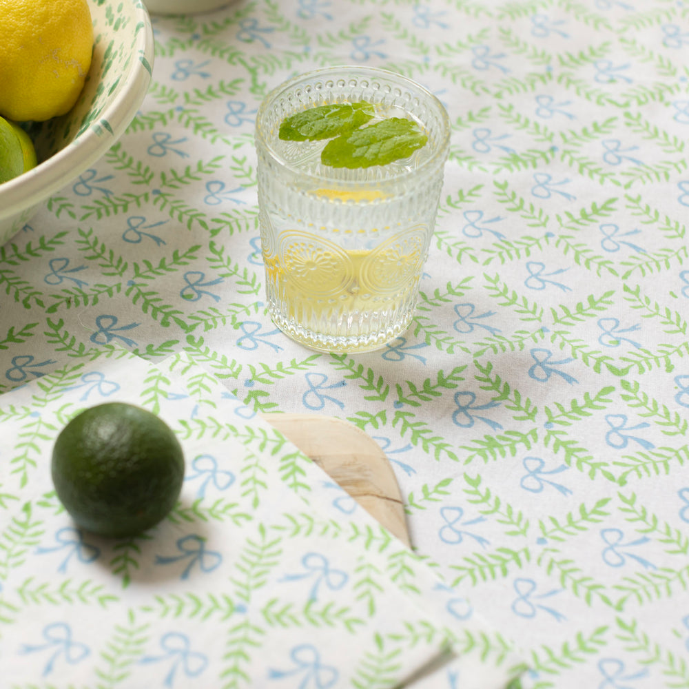 Bow Peep block printed table cloth - Blue and Green