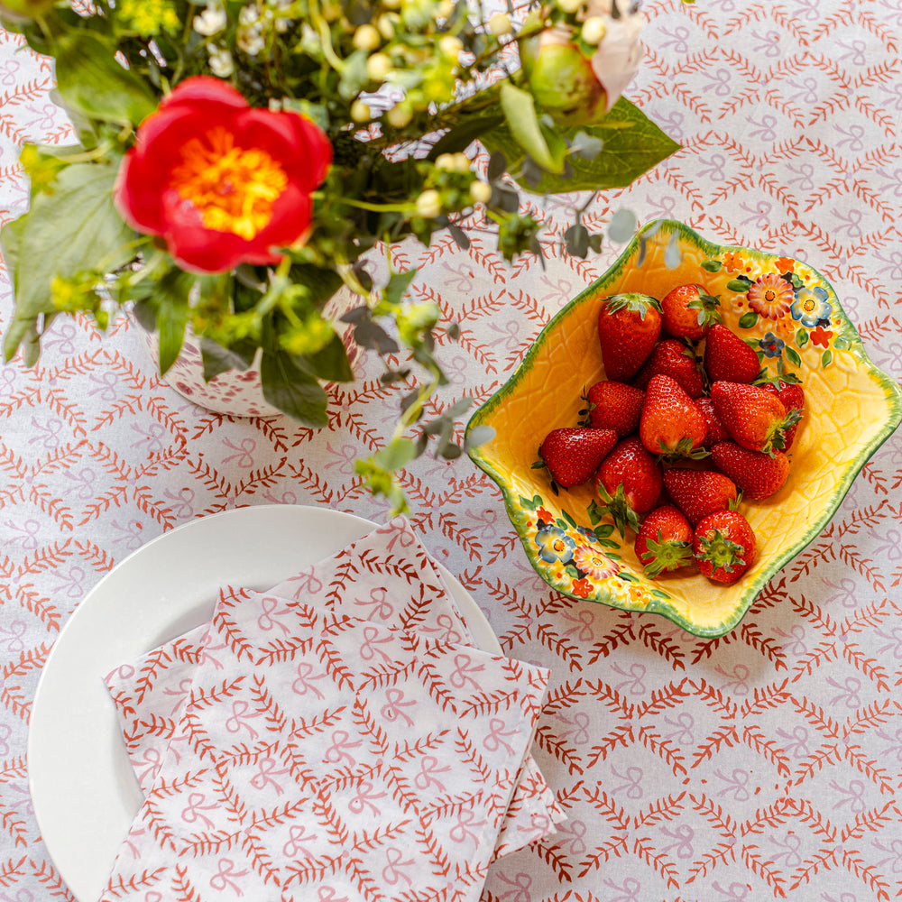 Bow Peep block printed table cloth - Pink and Berry