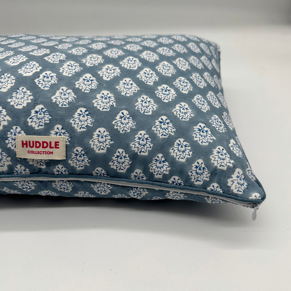 Hand block piped edge cotton cushion - Georgie in blue