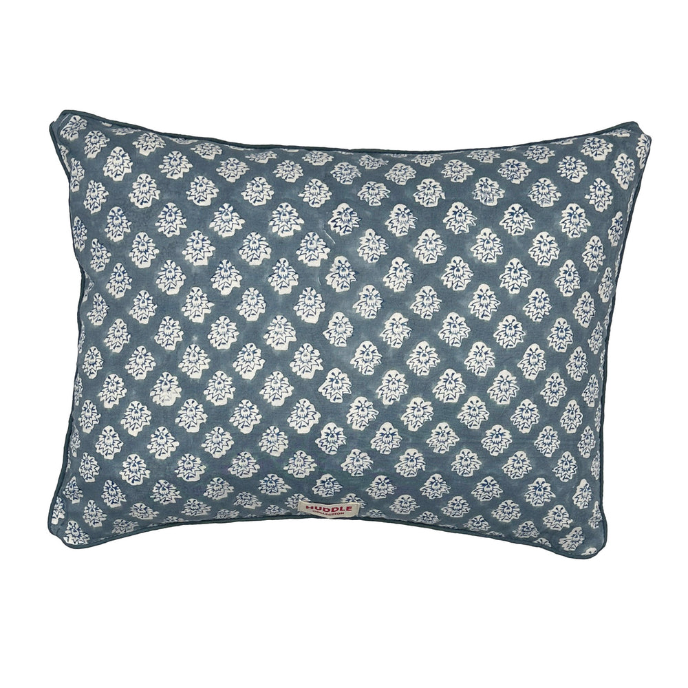 Hand block piped edge cotton cushion - Georgie in blue