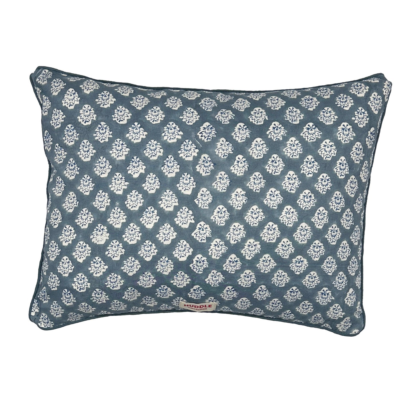 Hand block piped edge cotton cushion - Georgie in blue