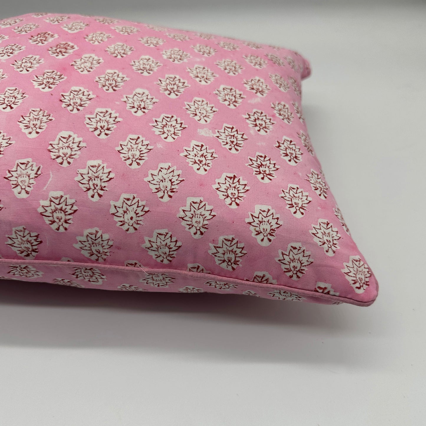 Hand block piped edge cotton cushion - Georgie in pink