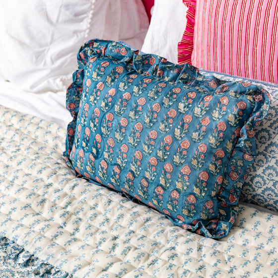 Hand block frilled cotton cushion - Gloria