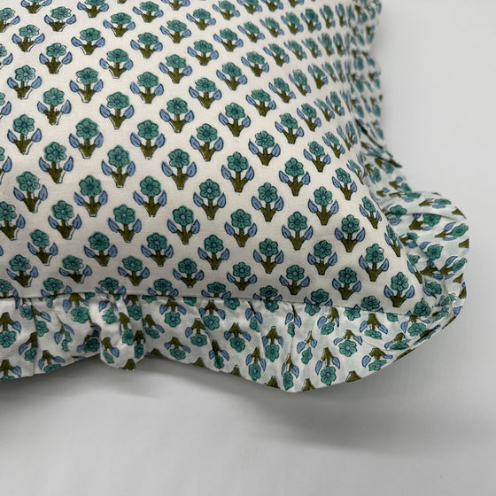 Large hand block frilled cotton cushion - Issy in Blue and Green