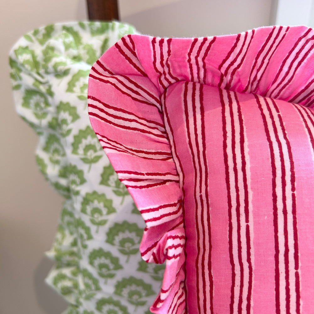 
                  
                    Hand block frilled cotton cushion - Jennie in Green
                  
                