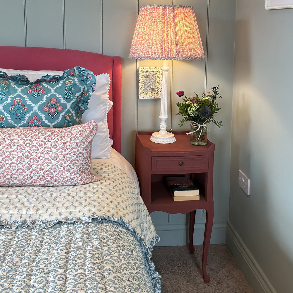 
                  
                    Jennie Gathered Cotton Block Printed Lampshade in Pale Rose Pink
                  
                