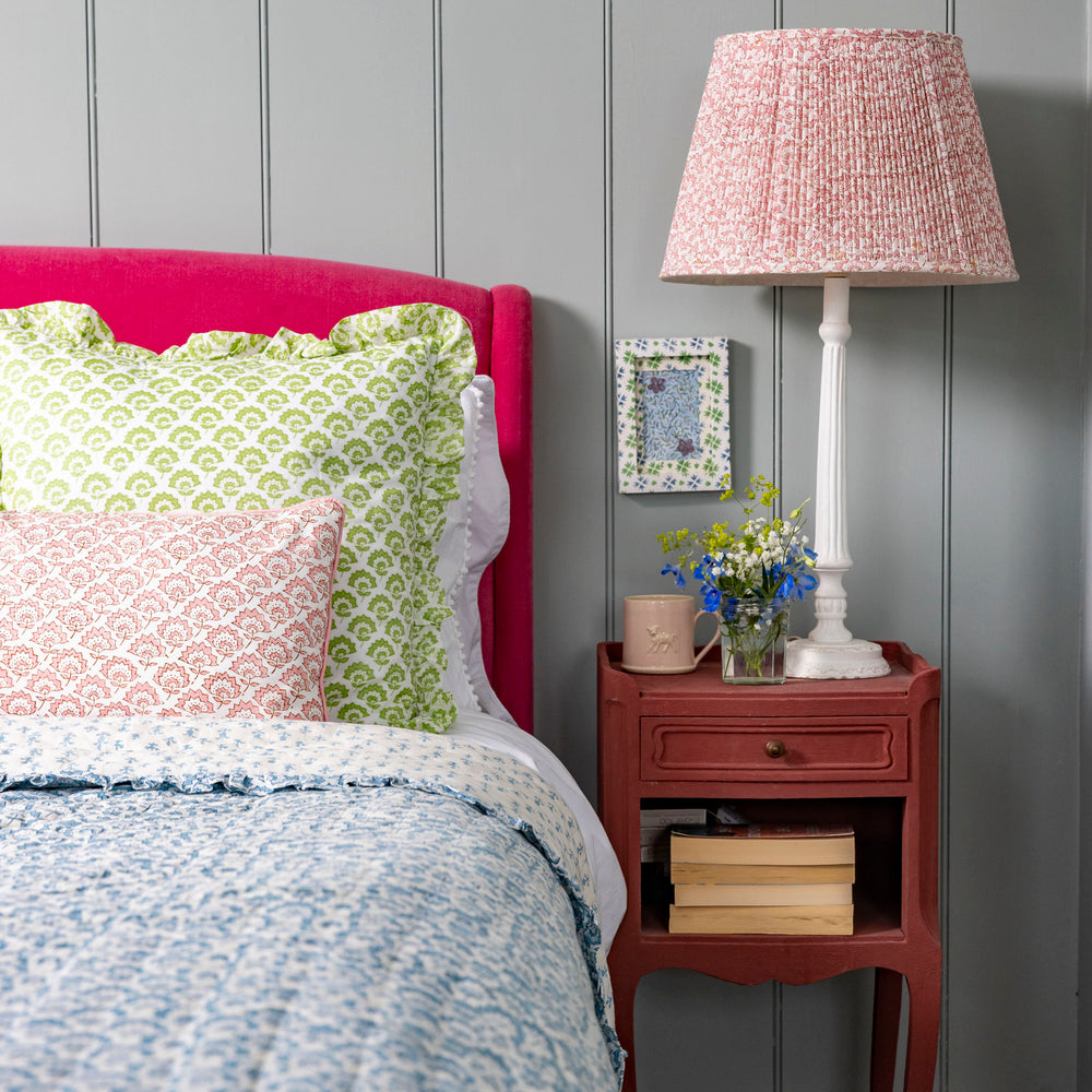 
                  
                    Jennie Gathered Cotton Block Printed Lampshade in Pale Rose Pink
                  
                