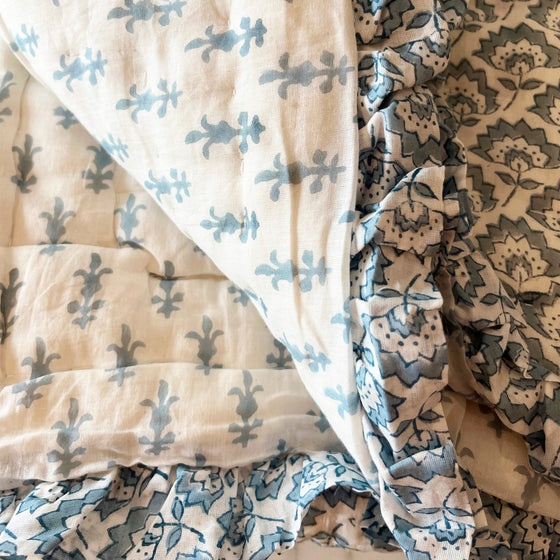 Jennie Handmade Block Print Cotton Quilt in Pale Blue