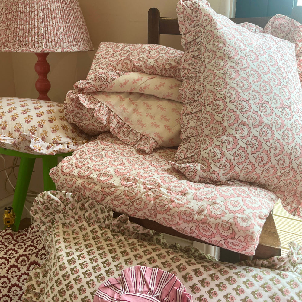 
                  
                    Large hand block frilled cotton cushion - Jennie in Pink
                  
                