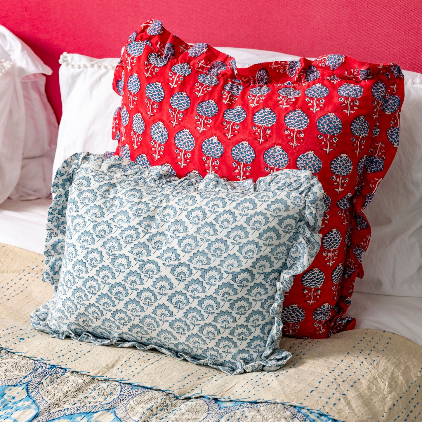 Large hand block frilled cotton cushion - Nancy in Red