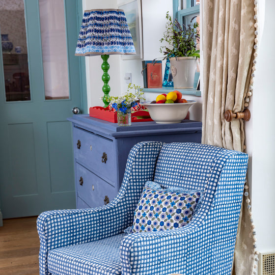 Poppy Pleated Cotton Block Printed Scallop Lampshade in Blue