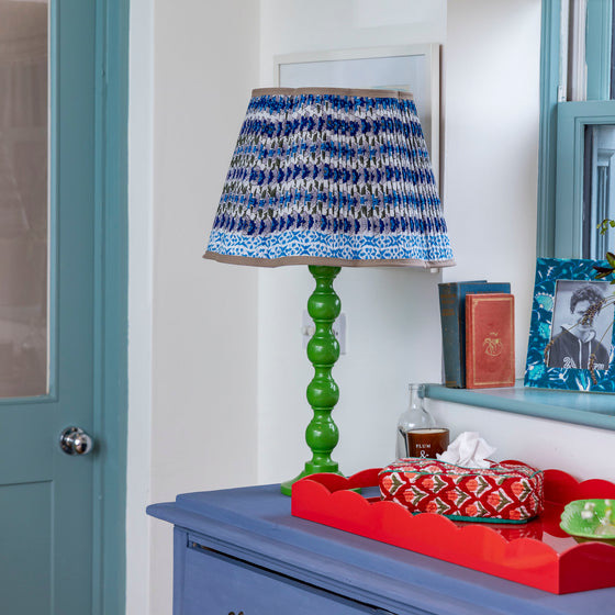 Poppy Pleated Cotton Block Printed Scallop Lampshade in Blue