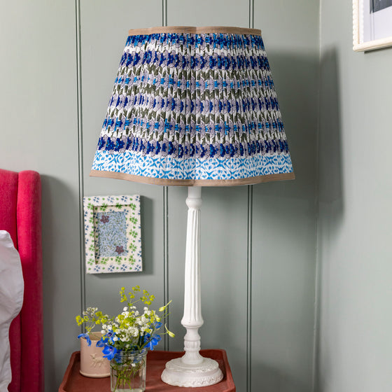 Poppy Pleated Cotton Block Printed Scallop Lampshade in Blue