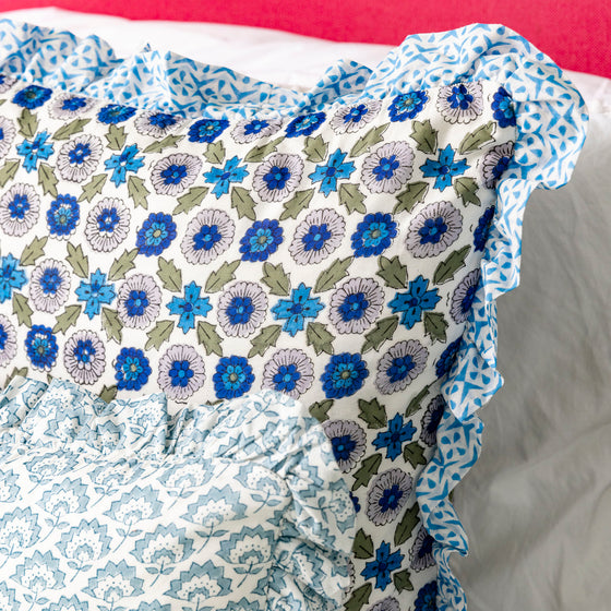 Large hand block frilled cotton cushion - Poppy in Blue