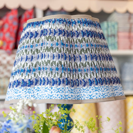 Poppy Pleated Cotton Block Printed Scallop Lampshade in Blue