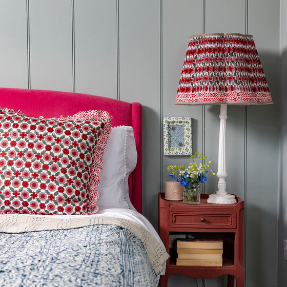 Large hand block frilled cotton cushion - Poppy in Red