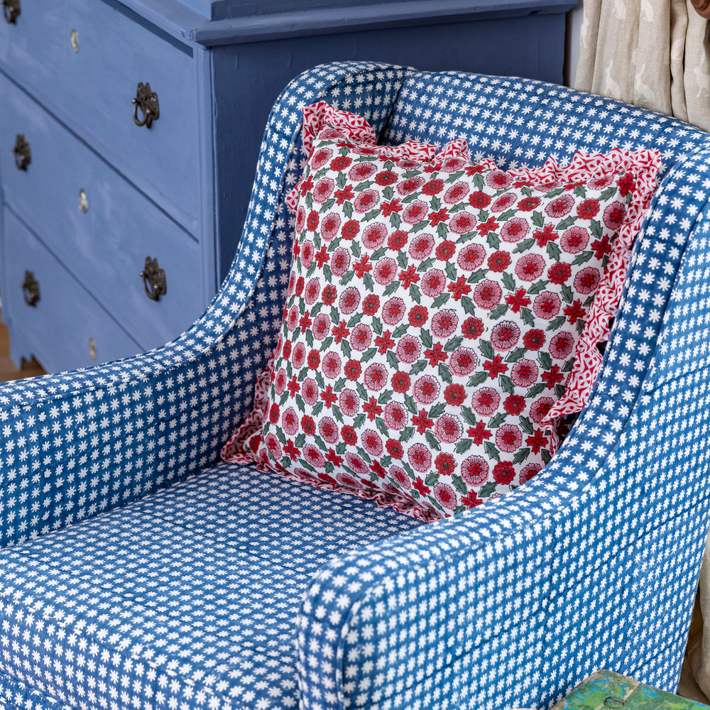 
                  
                    Large hand block frilled cotton cushion - Poppy in Red
                  
                