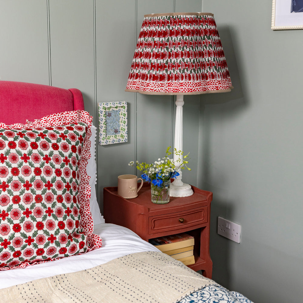 
                  
                    Large hand block frilled cotton cushion - Poppy in Red
                  
                