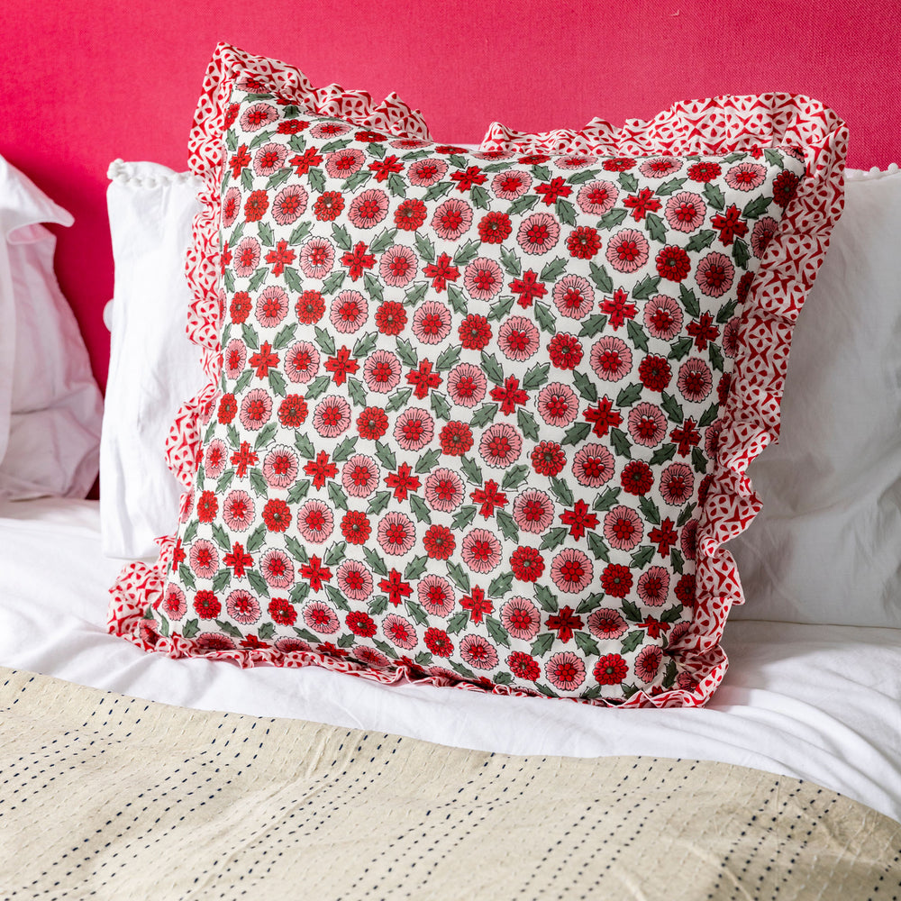 
                  
                    Large hand block frilled cotton cushion - Poppy in Red
                  
                