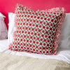 Large hand block frilled cotton cushion - Poppy in Red