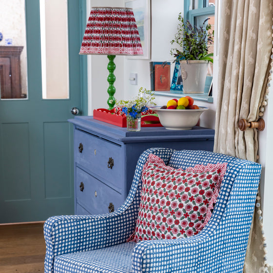 Large hand block frilled cotton cushion - Poppy in Red