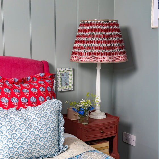 Poppy Pleated Cotton Block Printed Scallop Lampshade in Red