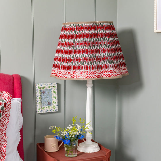 Poppy Pleated Cotton Block Printed Scallop Lampshade in Red