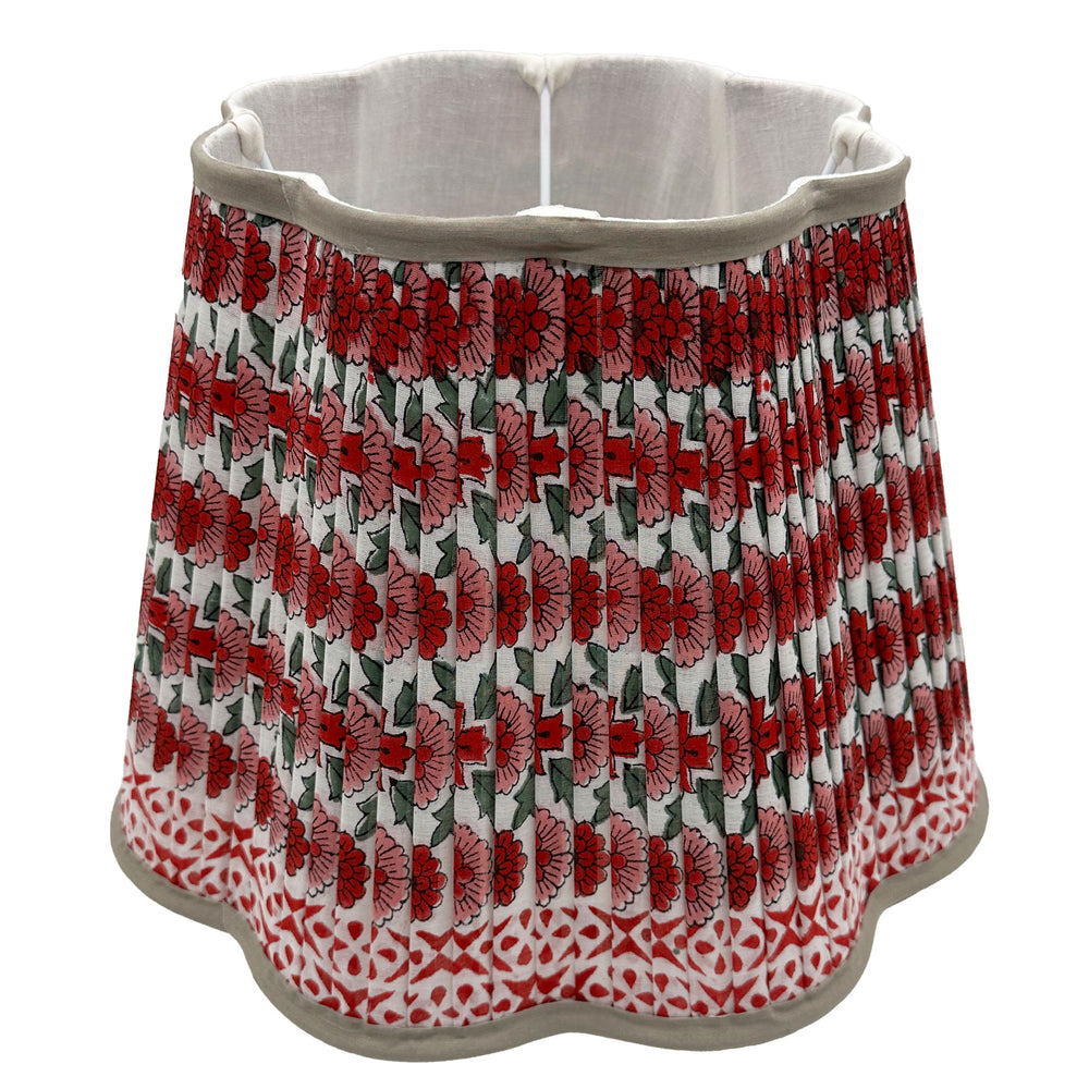 
                  
                    Poppy Pleated Cotton Block Printed Scallop Lampshade in Red
                  
                