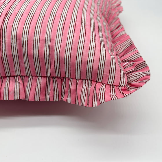 Large hand block frilled cotton cushion - Sally in Light Pink