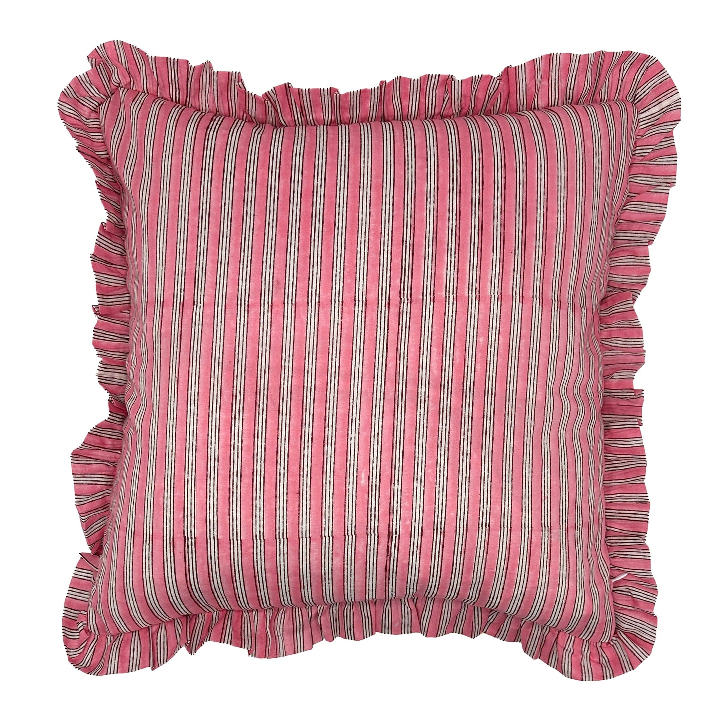 Large hand block frilled cotton cushion - Sally in Light Pink