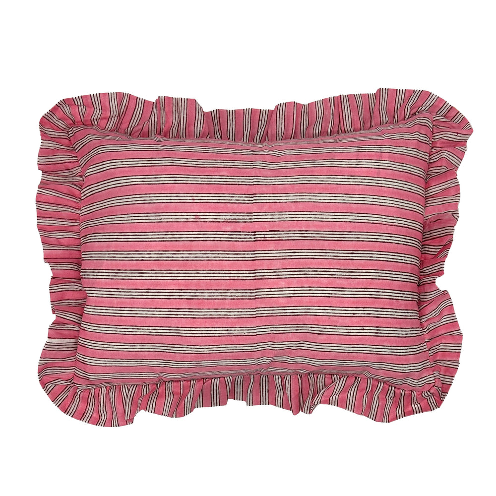 Hand block frilled cotton cushion - Sally in Light Pink