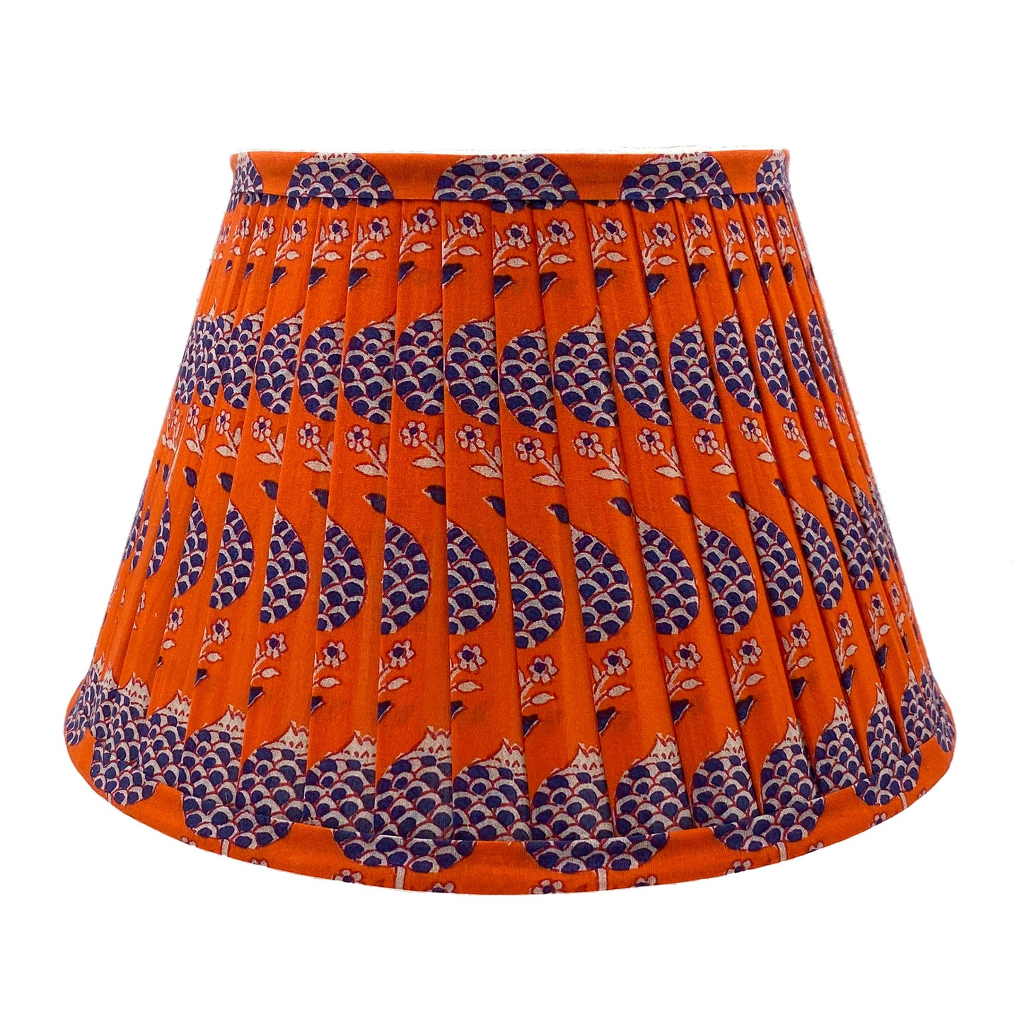 Block printed lampshade in orange and blue 