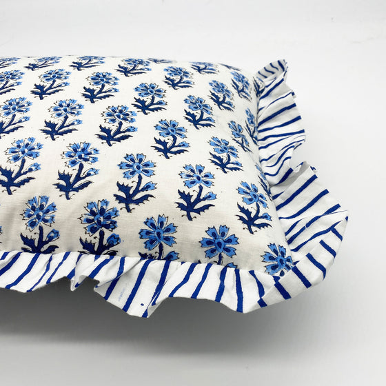 Hand Block Print Cotton Frilled Cushion - Blue Flower