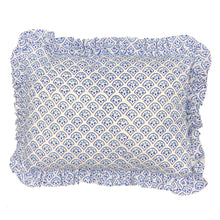  Wonderful shades of blue in an unusual block print on a frilled cotton cushion